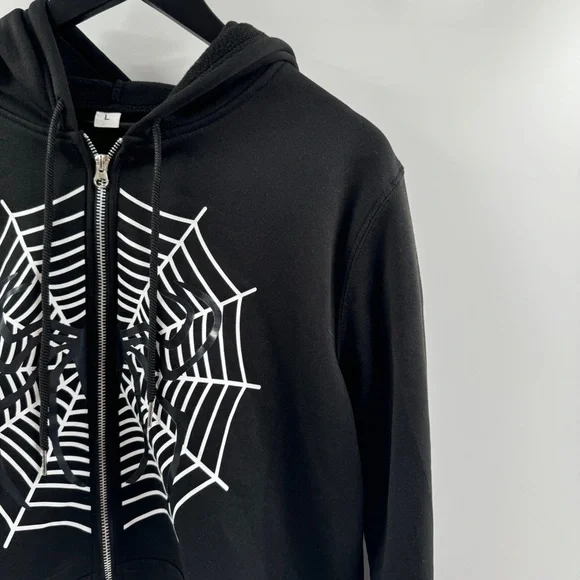 Black Zip-Up Hooded Jacket – Size Large, Spider & Web Graphic - Picture 2 of 8